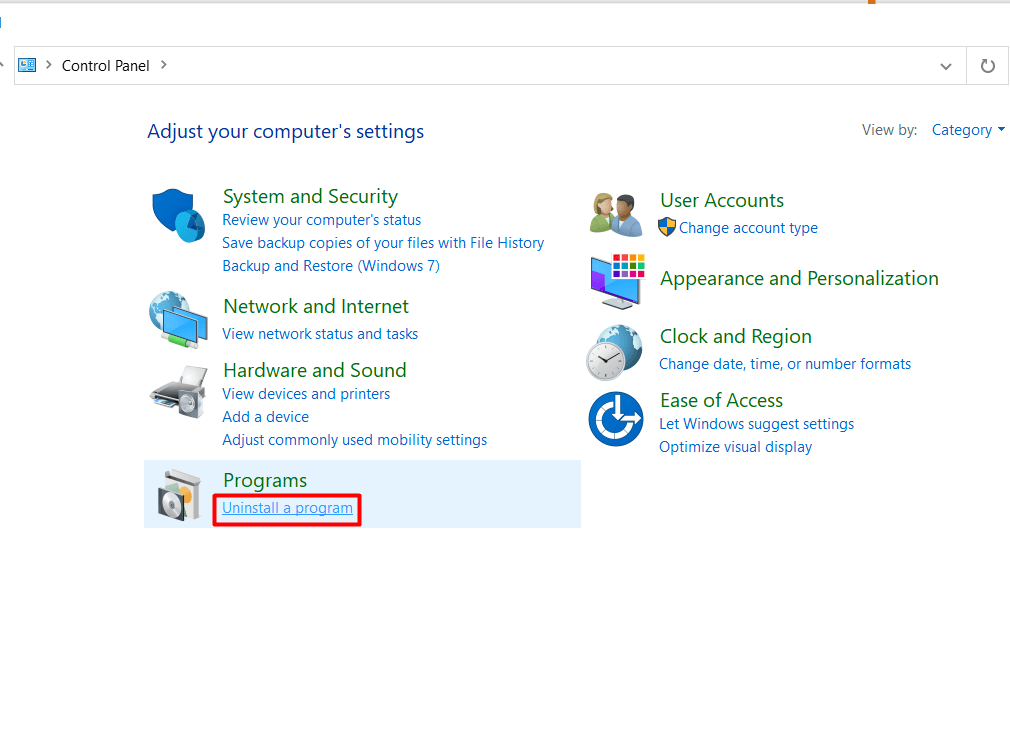 control panel uninstall a program